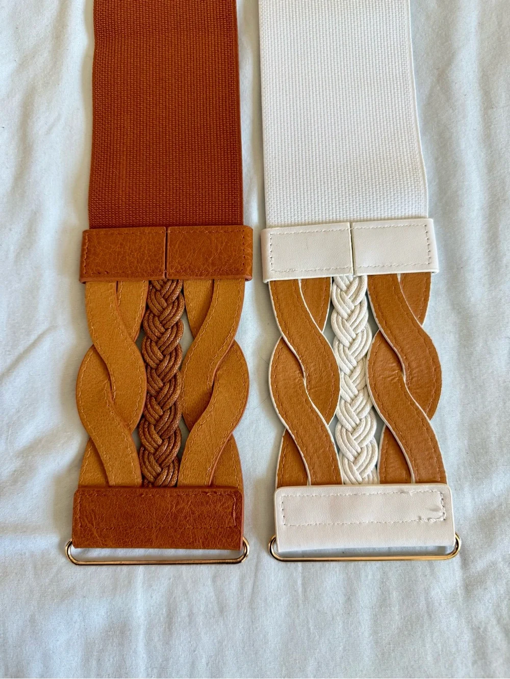 2 Elastic Braided Waist Belts - Tan and White